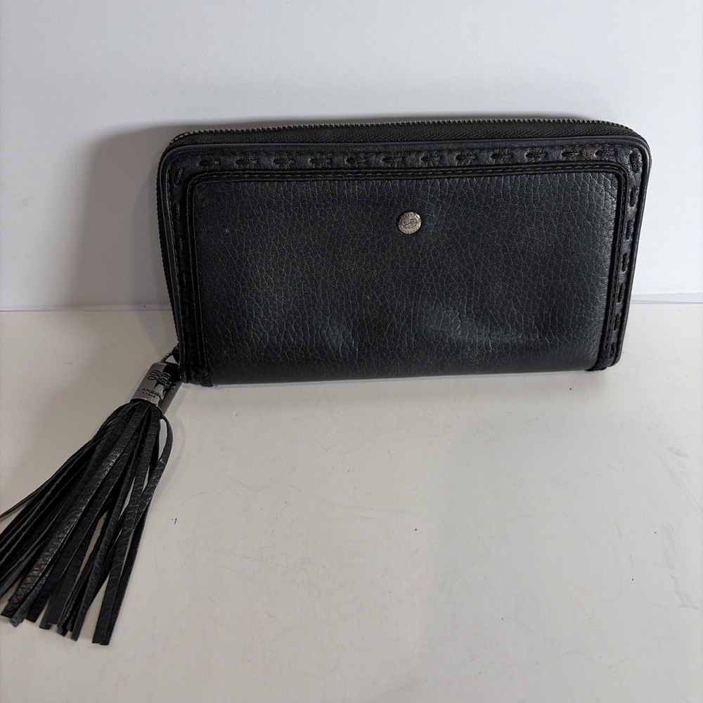 Lancel Paris Black Leather Wallet Clutch Zip Close w Tassel